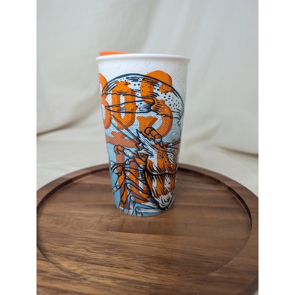 Starbucks BOSTON Travel Mug 12 Oz Ceramic Lobster Graphic With Orange Lid GUC - Picture 1 of 8